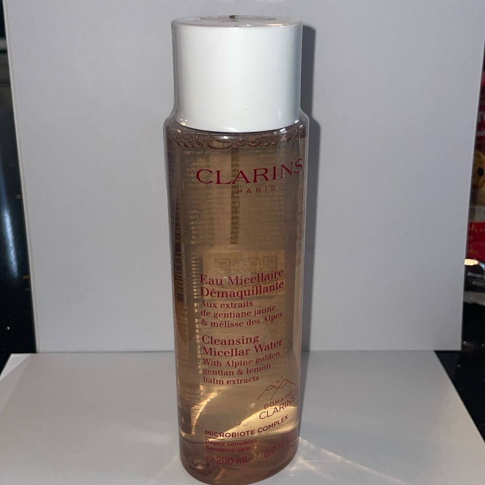 Clarins Micellar Water with alpine golden gentian and lemon balm extracts.